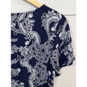 Roxy Navy Blue White Floral Paisley Tie Front Mini Dress Large Short Sleeve thumbnail 5
