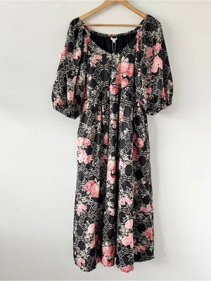 Baltic Born Ivanna Black Floral Embroidered Cottagecore Satin Midi Dress thumbnail 2