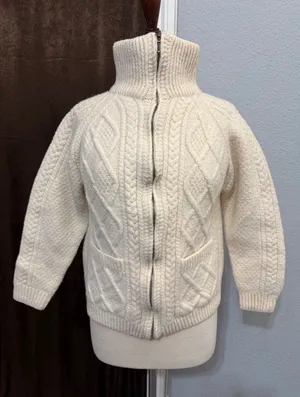 80s Carraig Donn Handknit Merino Wool Aran Zip Cropped Cardigan Sweater Cream M thumbnail 1