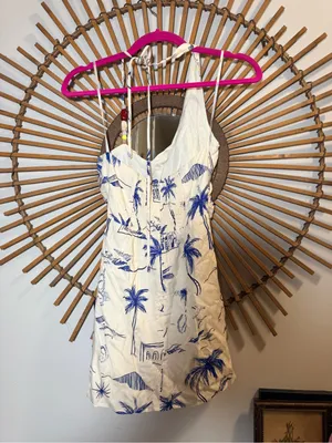 Lulus Inina Ivory & Blue Print Asymm Halter Printed Mini Dress Vacation Resort Beach thumbnail 11