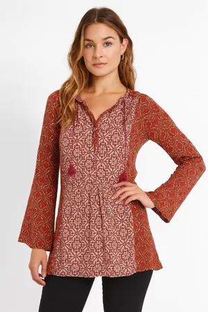 Akemi + Kin Dress Womens Small Red Boho Long Sleeve‎ Tassel Print Peasant Tie thumbnail 1