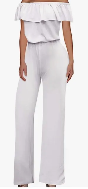 Women Romper Jumpsuit Medium‎ High Waist Wide Leg Formal Elegant Ruffle Stretch thumbnail 1