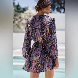 NWT Anthropologie Mini Dress Paisley Vibrant Boho Smocked Collar‎ Med thumbnail 2