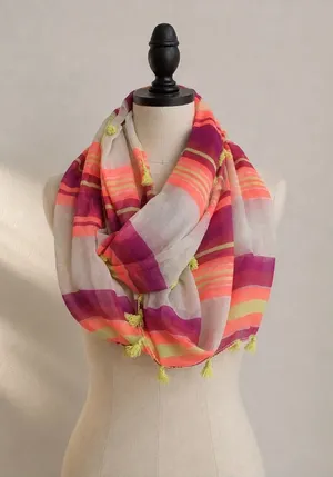 Colorful Striped Infinity Scarf Tassel Fringe Coral Purple Yellow Boho thumbnail 1