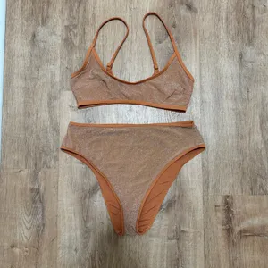 AERIE | Orange Metallic Shine Sparkle 90s High Waisted Cut Cheeky Bikini Set, XL thumbnail 3