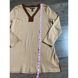 EUC Womens Lauren Ralph Lauren 100% cotton suede trim vneck‎ top size L thumbnail 7
