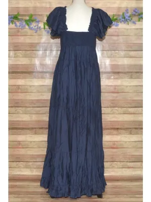 In February Navy Blue Tiered Maxi Dress Size L Milkmaid Puff Sleeve Keyhole Tie thumbnail 6