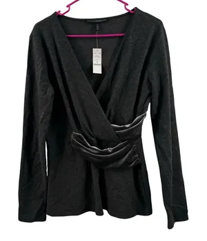 White House Black Market Top SZ Medium Surplice Heather Gray Velvet Waist NWT thumbnail 1