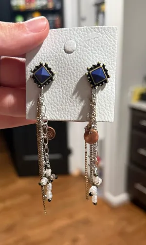 Free People Silver-Tone Dangle Earrings with Navy Stone and Mixed Beads NWT $48 thumbnail 1