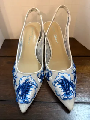Betsey Johnson White Slingback Block Heels with Blue Floral Embroidery thumbnail 5