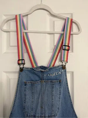 Denim Rainbow Stripe queen embroidered Overalls cut off Shorts women’s size XL thumbnail 3
