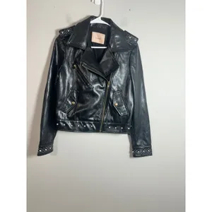 Twinset Milano Black‎ Genuine Leather Pearl Studded Biker Moto Jacket Womens S thumbnail 2