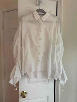 Free People Cotton Brown Eyed Girl White Poplin Ruched Tie Sleeve Shirt S thumbnail 1