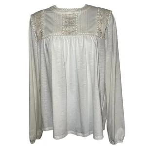 ANTHROPOLOGIE ELLA MARE Cream Lace Trim Pintuck‎ Blouse Top L/S EUC Size Medium thumbnail 2