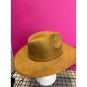 Camel Brown Faux Suede Wide Brim Fedora Hat with Tassel Band RN157656 thumbnail 3