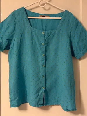 Flax 100% linen polka dot square neck button front blouse size large thumbnail 1