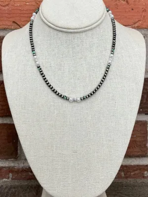 Navajo Style Pearl Necklace with Green, Brown & White thumbnail 2