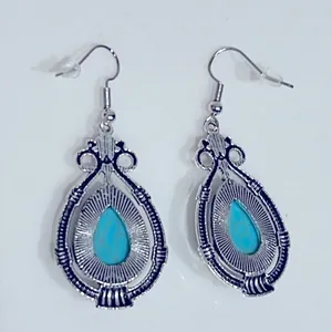 Faux turquoise & silver tone boho dangly earrings, teardrop shape, 1.5” NEW thumbnail 3