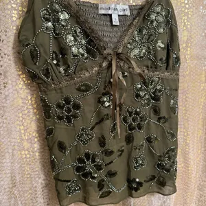 Madden Girl Olive Green Beaded Floral Sequin Lace Camisole Tank Top thumbnail 3