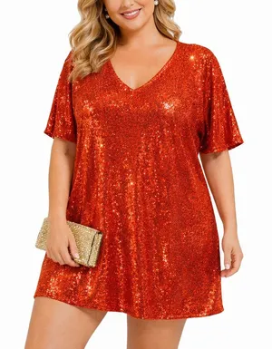 Cherish Red Sequin Mini Dress Short Sleeve Sparkle Shift Dress Sz L thumbnail 1