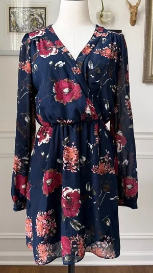 Lulus Pretty Pretender Navy Blue Floral Print Sheer Long Sleeve Mini Dress L thumbnail 1