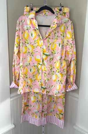 Pink Lemon Print Pajama Set Button Down Long Sleeve Pants Small thumbnail 1