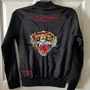 Ed Hardy Womens Bomber Jacket Black Zip Roar Embroidered Butterfly‎ Eyes Vintage thumbnail 2