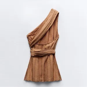 Zara NWT One shoulder striped linen beaded multiway one shoulder wrap top thumbnail 5