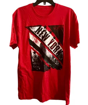 NYC Men’s New York (Manhattan Skyline) Bold Red Graphic Design Tee thumbnail 1