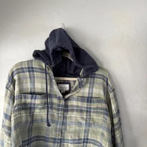 American Eagle Outfitters Plaid Cropped Shirt Jacket Hoodie Blue‎ Green Womens L thumbnail 2