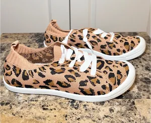 Leopard Print Mesh Knitted Slip On Sneakers Tan Black Animal Print Low Top 9 thumbnail 1