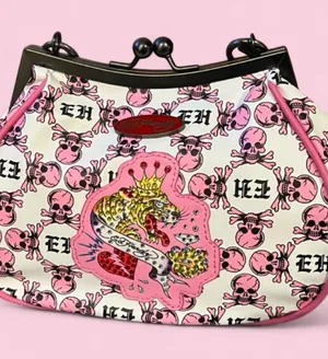 Ed Hardy Pink Skull Print Clutch with Embellished Crest Patch thumbnail 1