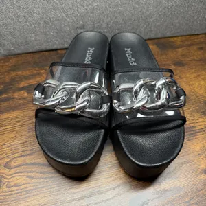 Chunky Platform Slides Black Clear Strap Silver Chain Sandals‎ Y2K Streetwear thumbnail 2