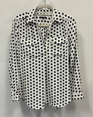 Ann Taylor Polka Dot Blouse Women's Small White Black Long Sleeve V-Neck Classic thumbnail 1