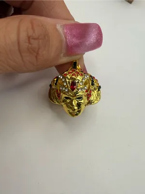 Vintage Fantasy Face Statement Ring Red Black Rhinestones Gold Tone Size 7 thumbnail 4