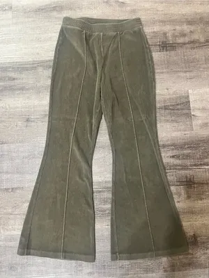 AERIE by American Eagle Groove-On Rib Velour Flare Pants in Nomad Olive thumbnail 3