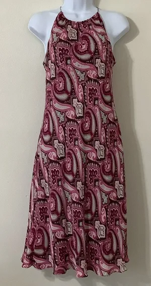 Vintage 90s Brown Pink Paisley Silk Fairycore Boho Artsy Sequin Midi Dress‎ Sz 6 thumbnail 1