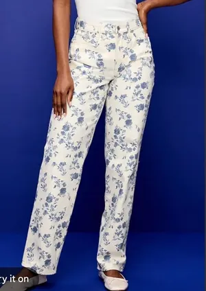 Old Navy OG Loose High Rise Floral Toile Jeans Blue Cream Tall 4 thumbnail 1