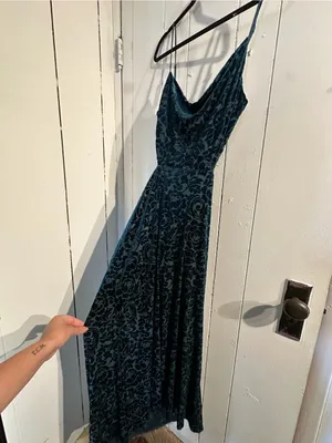 AKIRA NWT Elegant Teal Green Velvet Slip Dress with Floral Burnout side cutout thumbnail 4