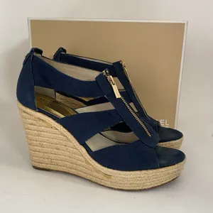 Michael Kors Womens Sz 9 Berkley Sandal Blue Wedge‎ Platform Espadrille Zip Up thumbnail 1