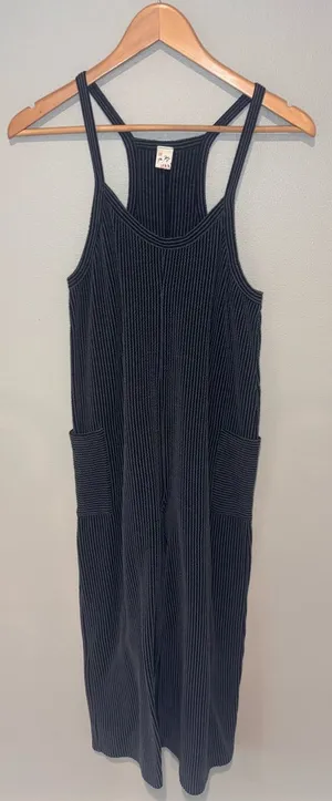 7th RAY Striped Ribbed Tank‎ Jumpsuit in Black & Grey Cropped with Pockets thumbnail 1