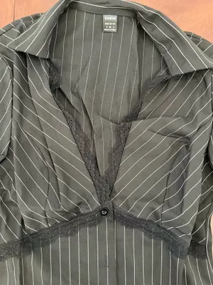 SHEIN Black Pinstripe Lace Trim Button-Up Blouse – Size Small thumbnail 4