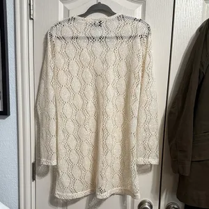Cream Open Knit Sheer Lace Long Sleeve Duster Cardigan Boho Festival Hippie thumbnail 4