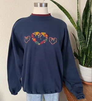 Vintage fall Navy Embroidered Heart Wreath Sweatshirt Fall Leaf Grandma Core XL‎ thumbnail 1