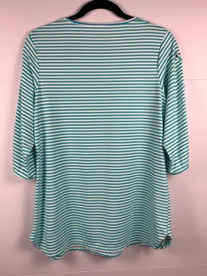 Lulu B Small Aqua Stripe UPF Top Lace Sleeve Coastal Beach Resort Cruise thumbnail 7