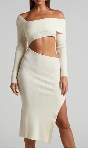 SHOWPO | Butter Cream Yellow Alabama Midi Knit Dress Off Shoulder Cutout Size 2 thumbnail 1