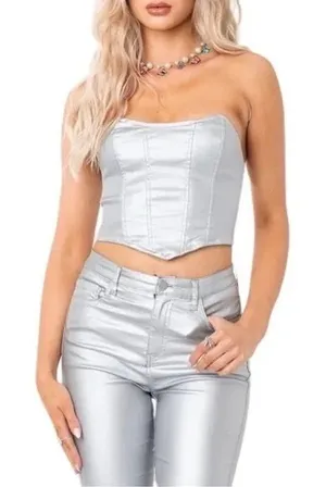 Edikted Silver Shimmer Corset Crop Top thumbnail 1