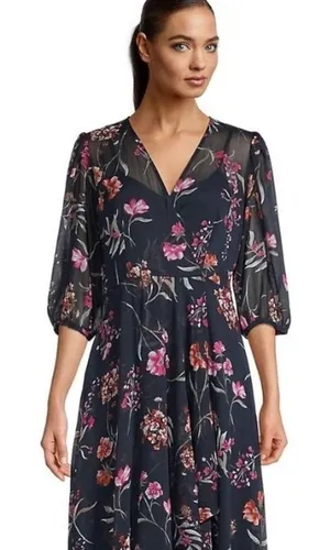 Calvin Klein Navy Blue Floral Chiffon High Low‎ Maxi Dress 4 NWT Wedding Guest thumbnail 1