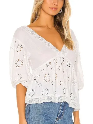 Free People Sweeter Side V-Neck Eyelet Blouse White Size XS thumbnail 1