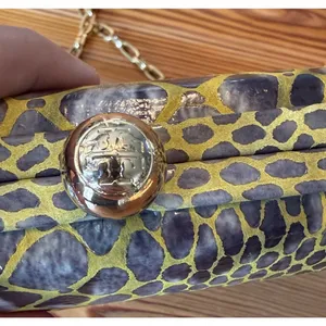 Tory Burch Handbag RARE Clutch Yellow Hard-side Leather Animal Print Chain Strap thumbnail 3